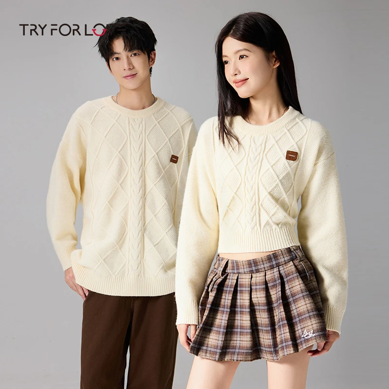 tryforlove秋冬款情侣装毛衣休闲百搭圆领毛针织衫长袖套毛衣女