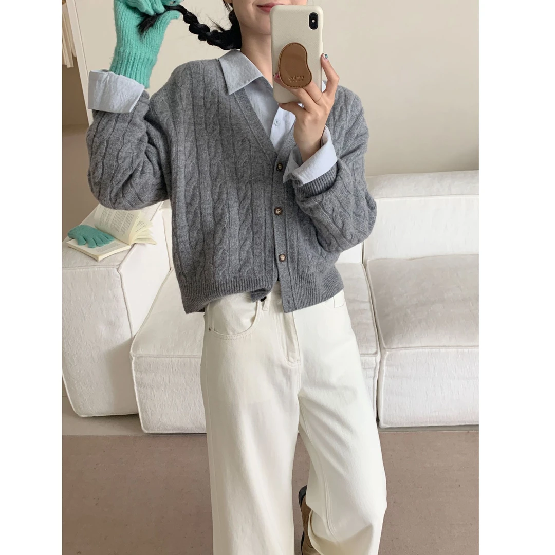 2024秋冬新款-100绵羊毛V领麻花开衫针织衫【8130】