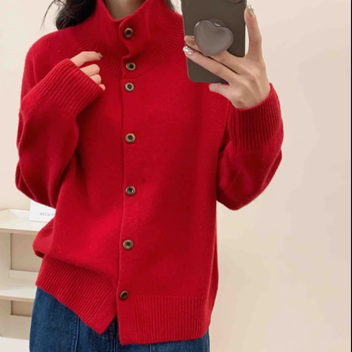 【6255】时尚百搭高领单排扣冬季厚款针织开衫