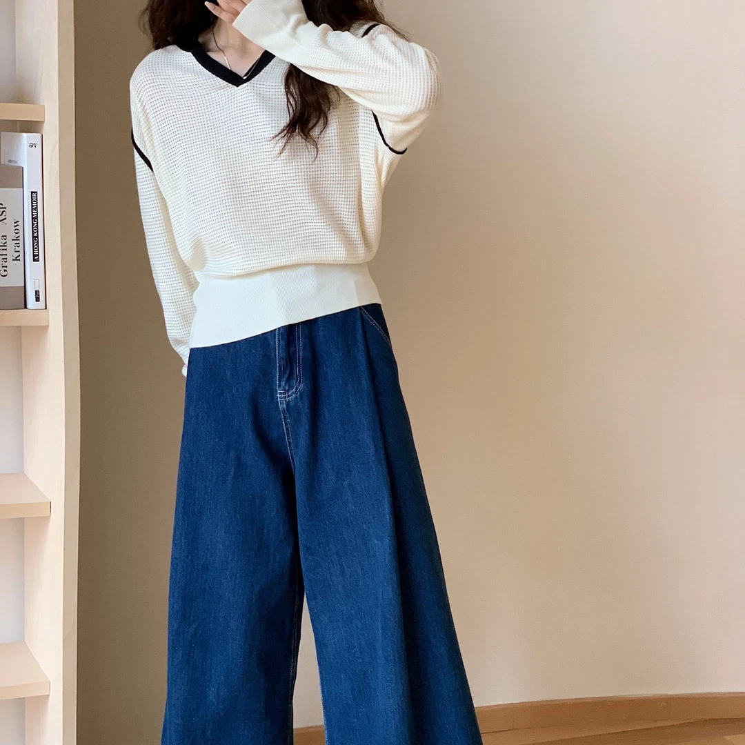 【撞色V领.618823】-韩版慵懒风V领套头针织衫