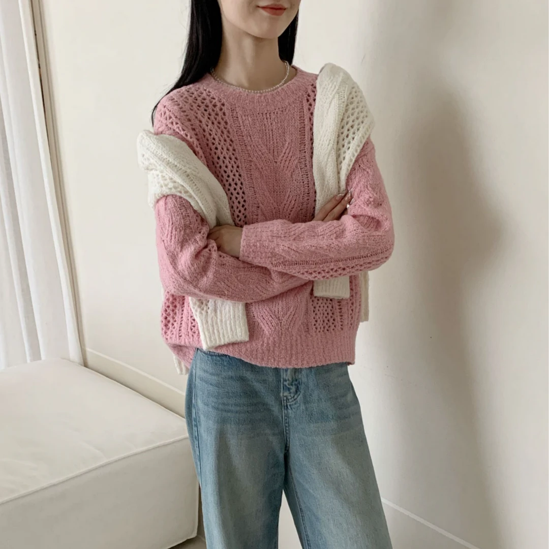 【938813】秋冬红人上新绵羊毛绞花镂空圆领针织衫