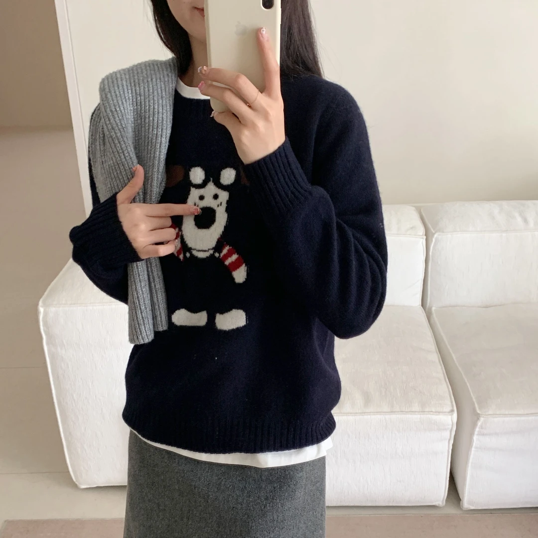 2024年秋季新款圆领小狗100绵羊毛慵懒风针织衫6678