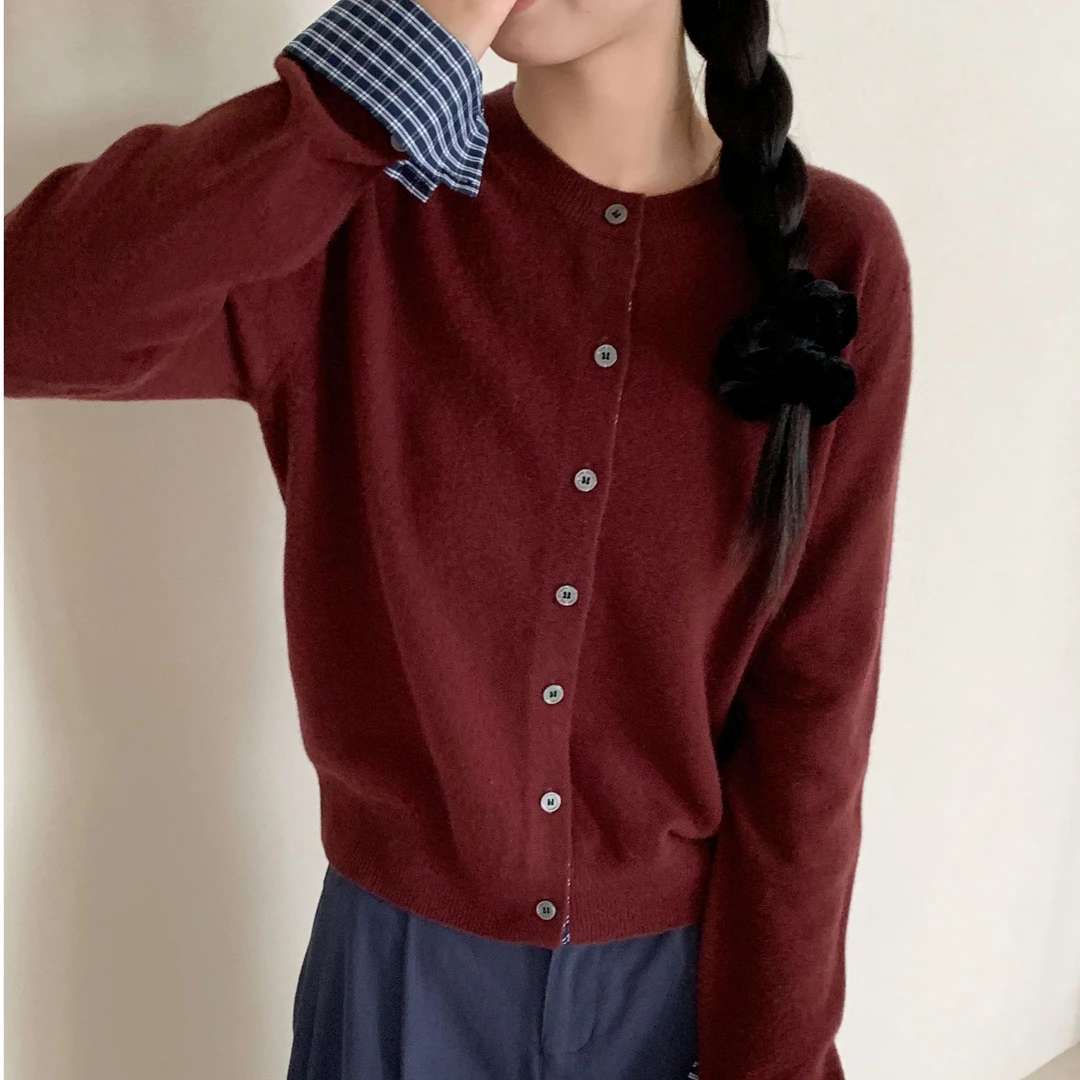 【潘潘.958802】冬季新款100%绵羊毛圆领单排扣针织开衫