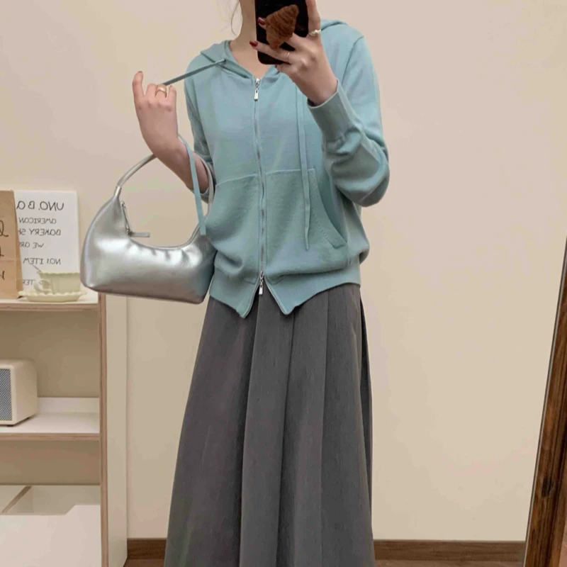 【双拉链连帽针织开衫.】-韩系简约百搭显瘦纯色羊毛外套-6276