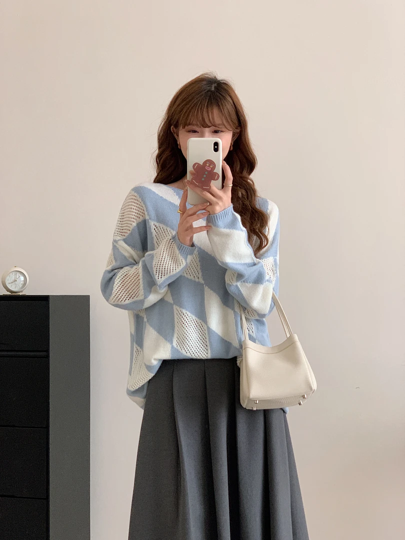 【撞色菱格打底衫878895】-多巴胺撞色镂空高级感针织衫