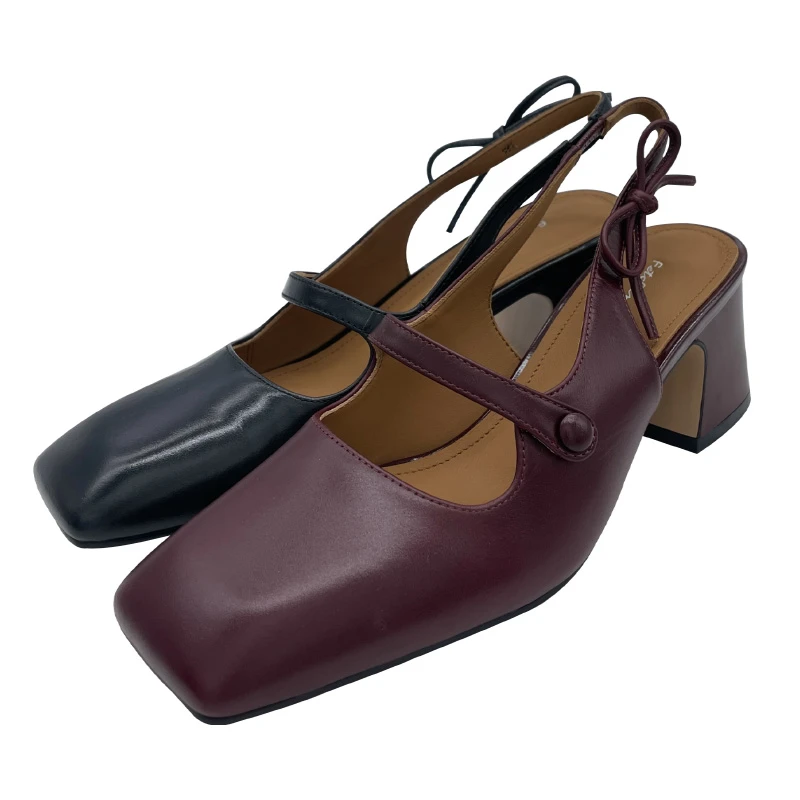 春夏新款复古法式气质时尚百搭女士粗高跟方头一字鞋T89-3