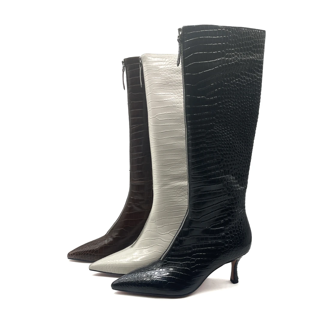 前拉链鳄鱼纹牛皮靴时尚高跟秋冬百搭真皮长靴2073-8R