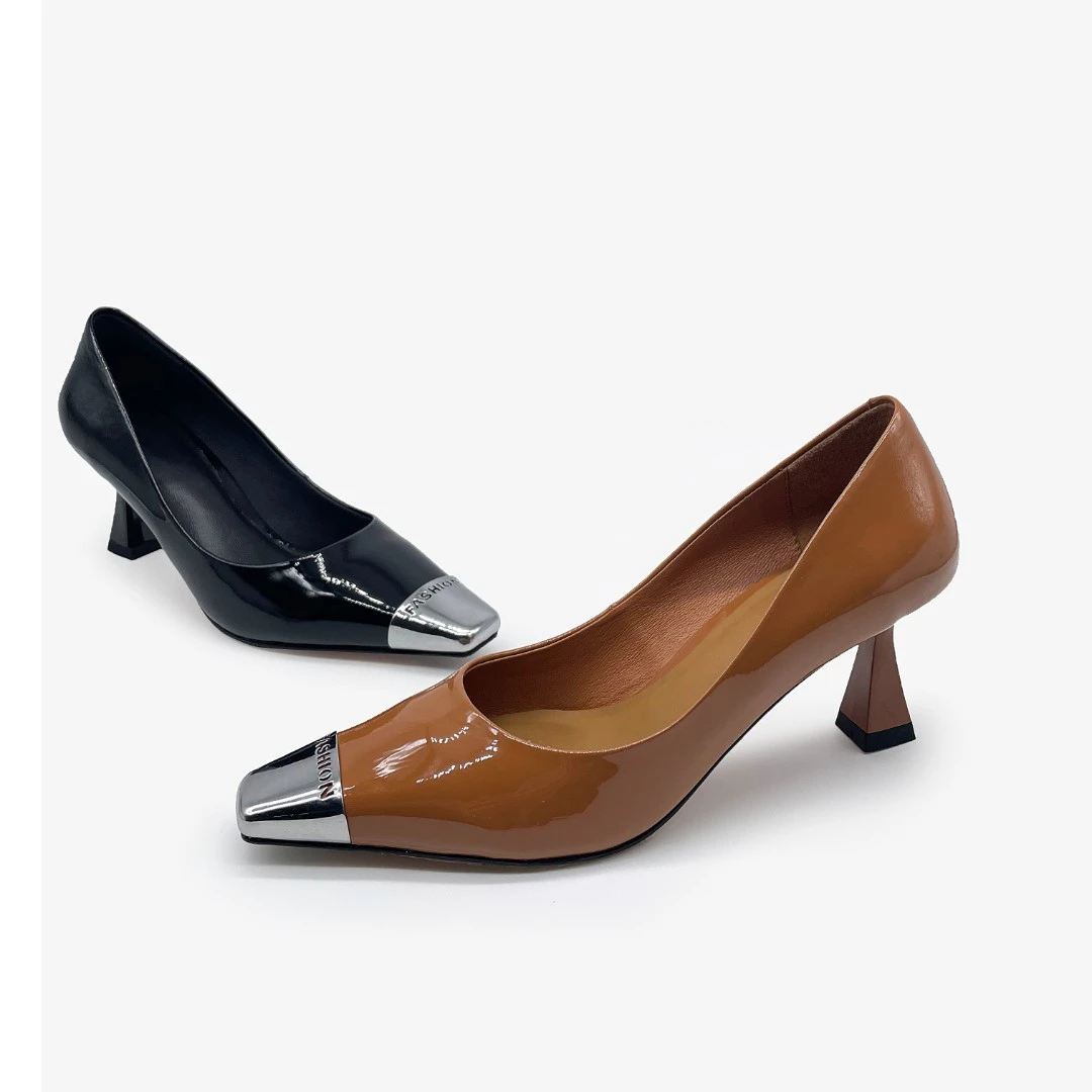 金属高级感方头细跟气质百搭高跟鞋时尚浅口单鞋女  1009-1