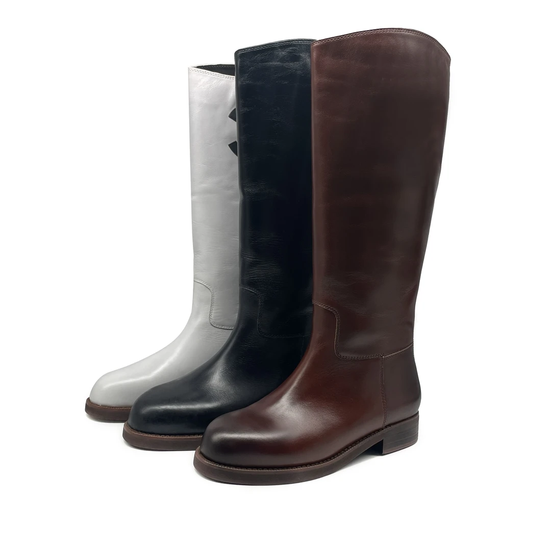 8058-01女鞋真皮长筒靴棕色复古显瘦高筒皮靴大筒围骑士靴