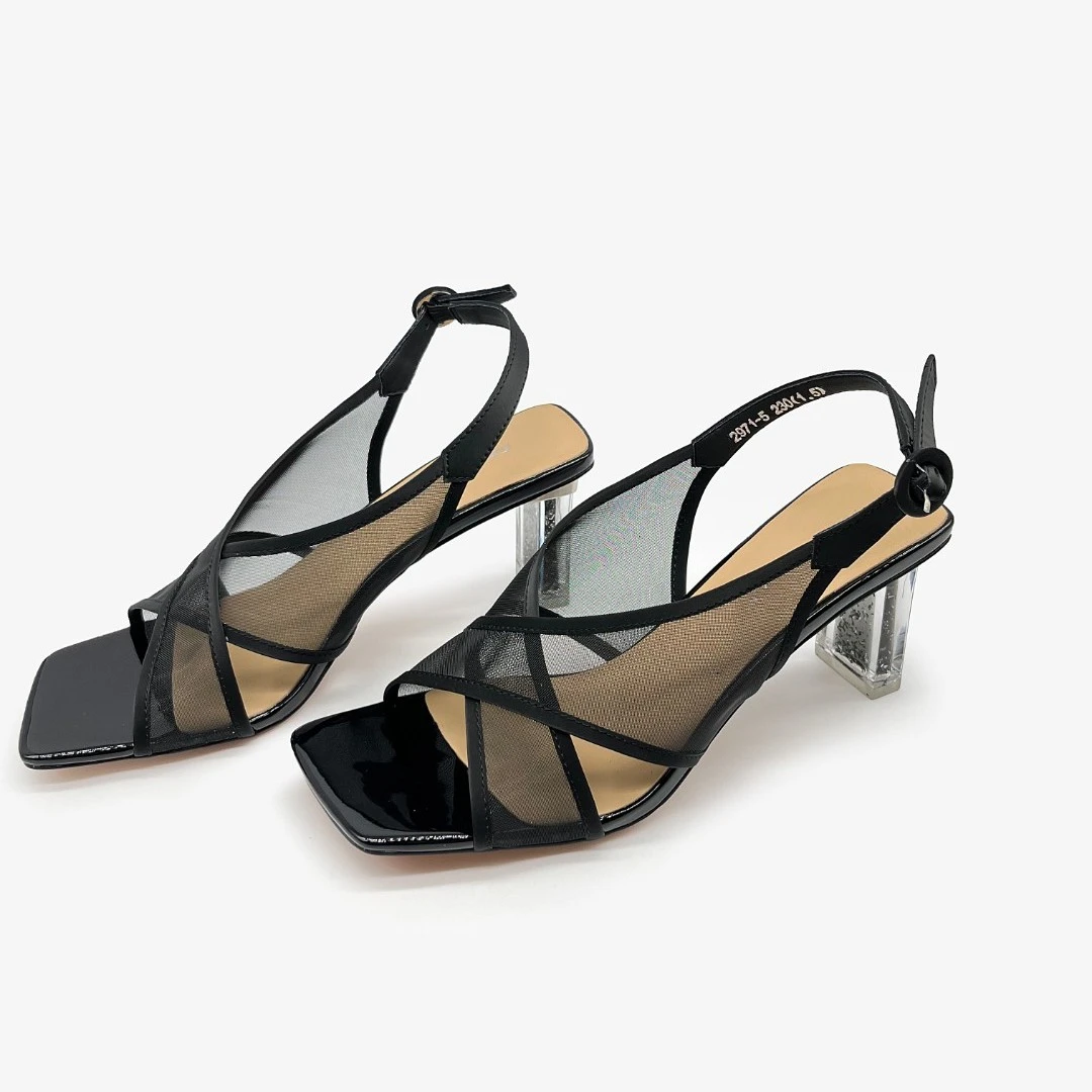 女士夏季中跟时装露趾一字带复古仙女风漆皮高跟鞋2971-5