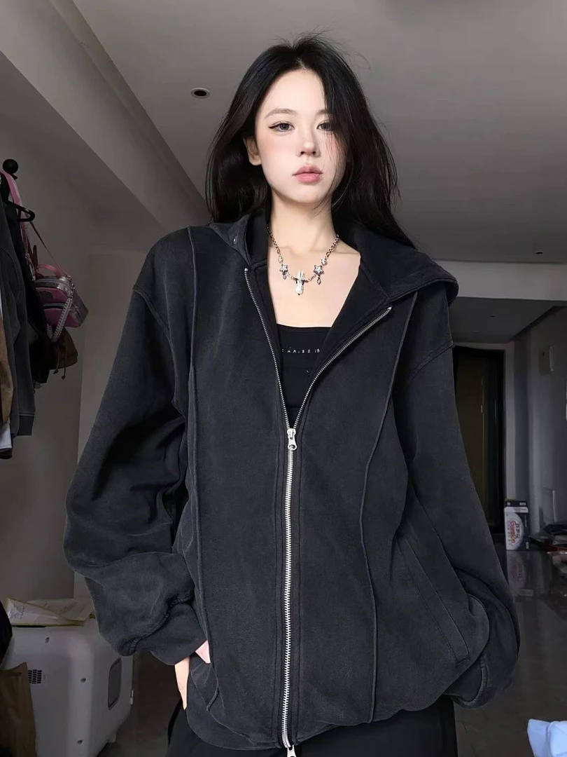 冬季加绒加厚拉链外套女2024新款美式复古连帽卫衣中长款百搭开衫