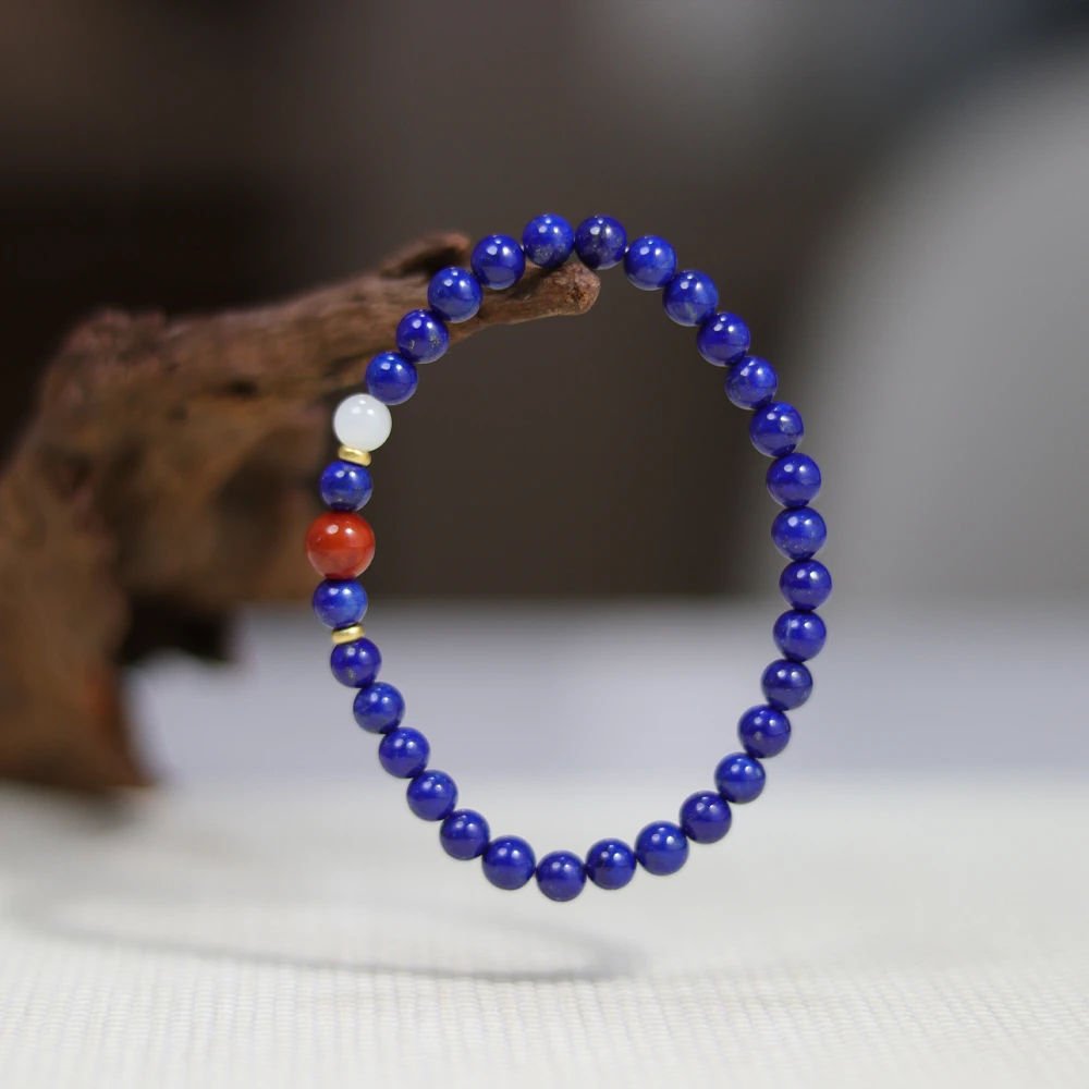 青金石手串·5.5mm配白玉南红款·S925银镶嵌·多样性发一·SQJ2702