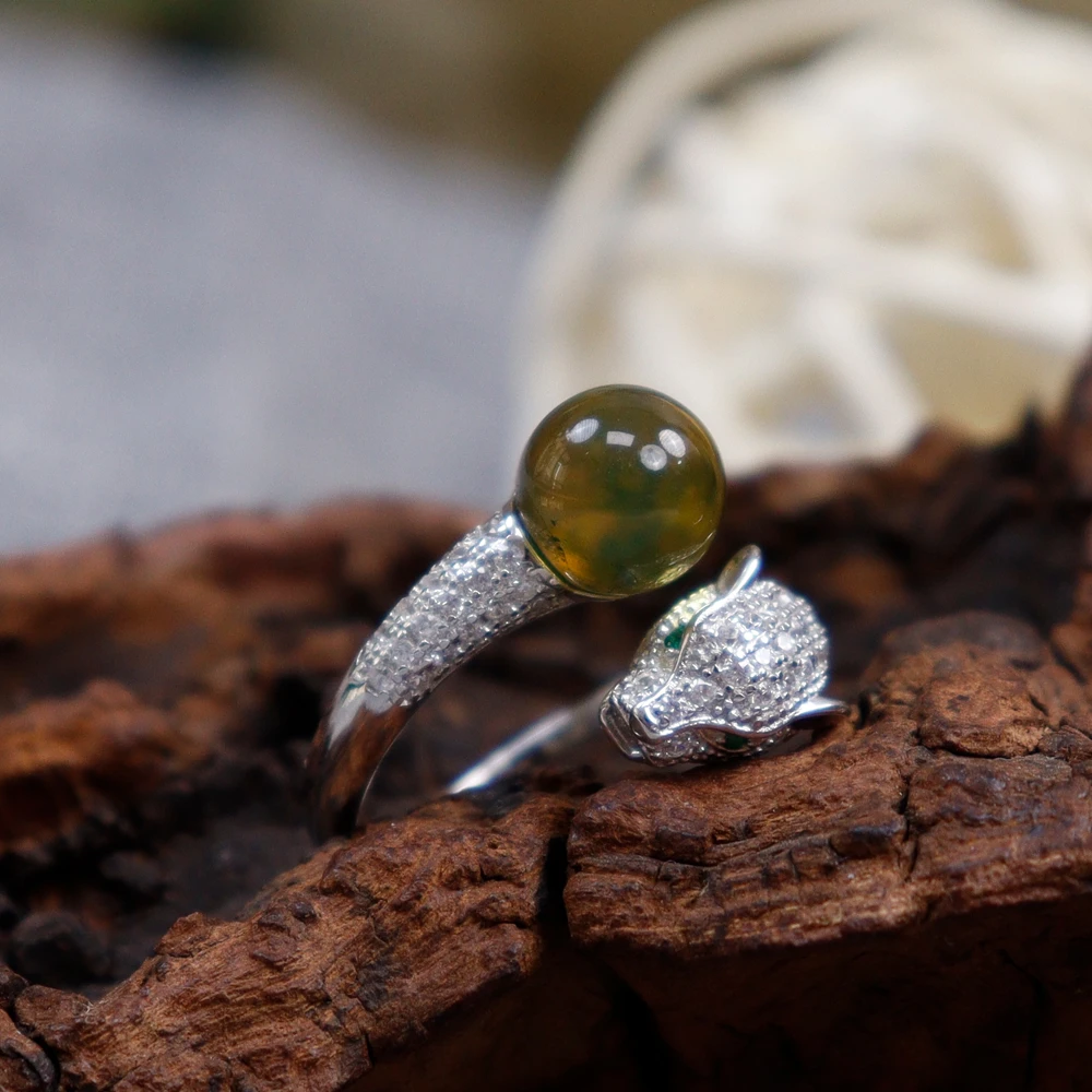 蓝珀戒指·8mm单珠豹头款·S925银镶·SML7701