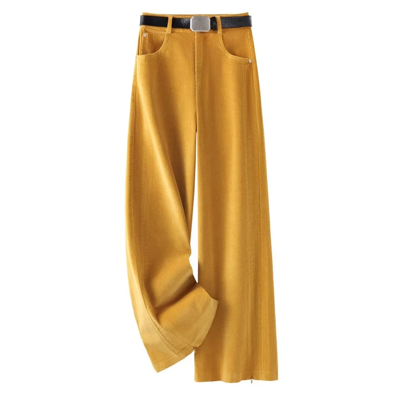 黄色灯芯绒阔腿裤女2025新款春秋款休闲条绒裤子宽松高腰直筒长裤