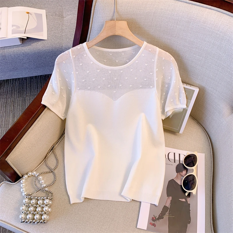 2023夏季新款韩版甜辣简约修身百搭纯色短袖针织衫女薄款设计感