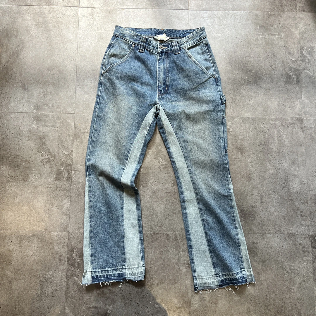 高街复古喇叭裤水洗磨破烂边美式牛仔裤男女宽松拼色秋冬潮人