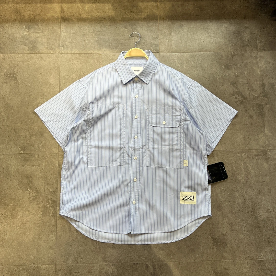 特价清货！cityboy日系条纹多口袋衬衫竖条男女短袖宽松衬衣插袋潮