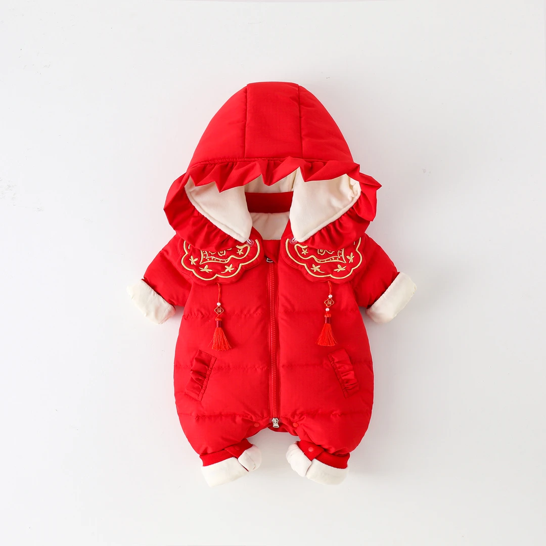 红色连体婴幼儿零下时尚中国风流苏简洁款冬季婴儿羽绒哈衣1730