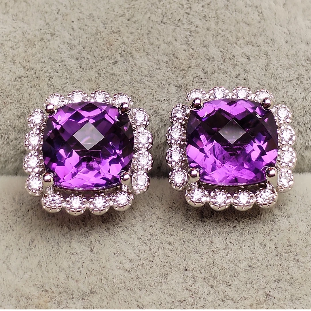 气质公主轻奢时尚百搭天然紫水晶耳钉S925银镀金满钻镶嵌经典耳饰