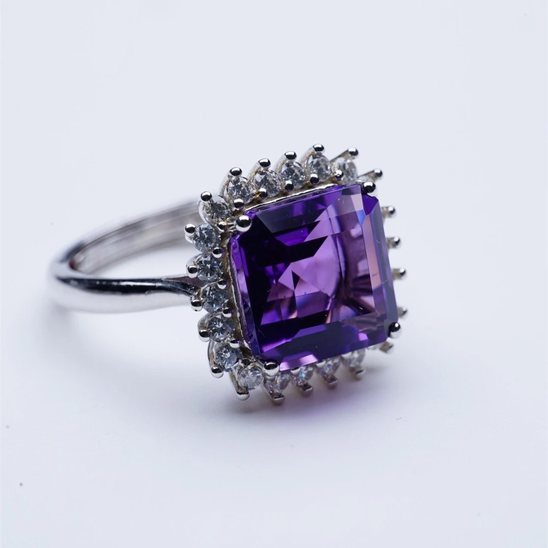 天然紫晶戒指气质轻奢时尚女王范方戒经典满钻豪华精致s925银镀金