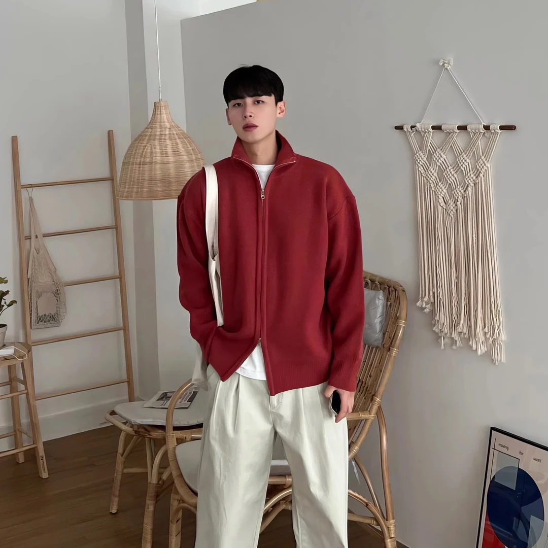 红色立领针织开衫男士春秋款韩版2024新款小众设计感红色开衫男