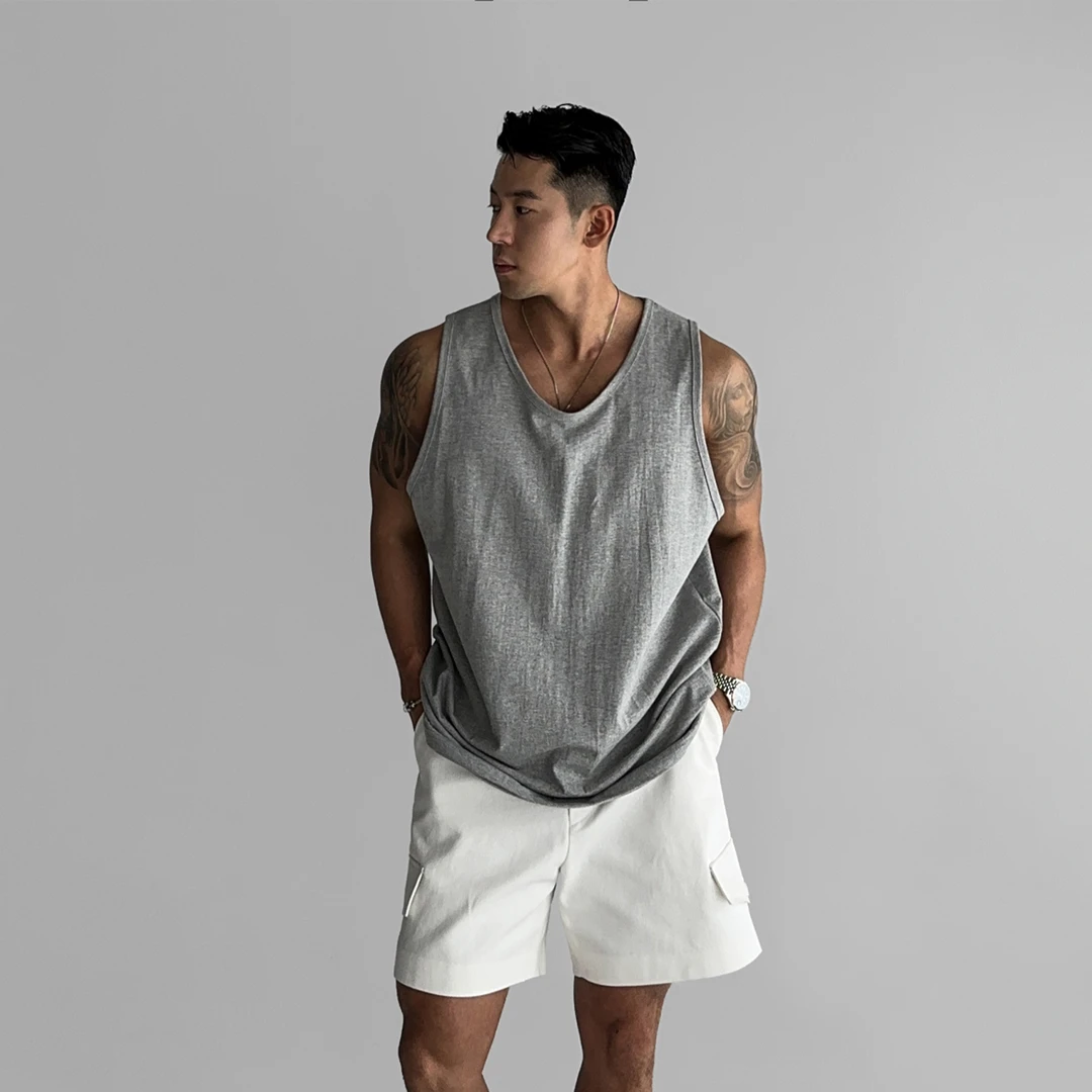 灰色重磅美式坎肩背心男款夏季休闲宽松百搭透气潮流男士T恤上衣