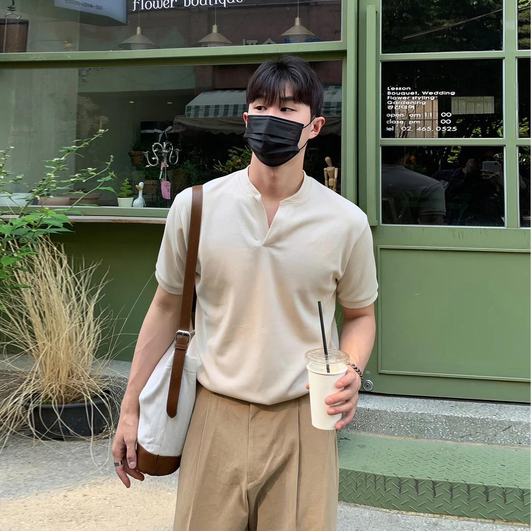 纯色亨利领短袖T恤男士夏季韩版轻熟风简约百搭修身显瘦体恤上衣