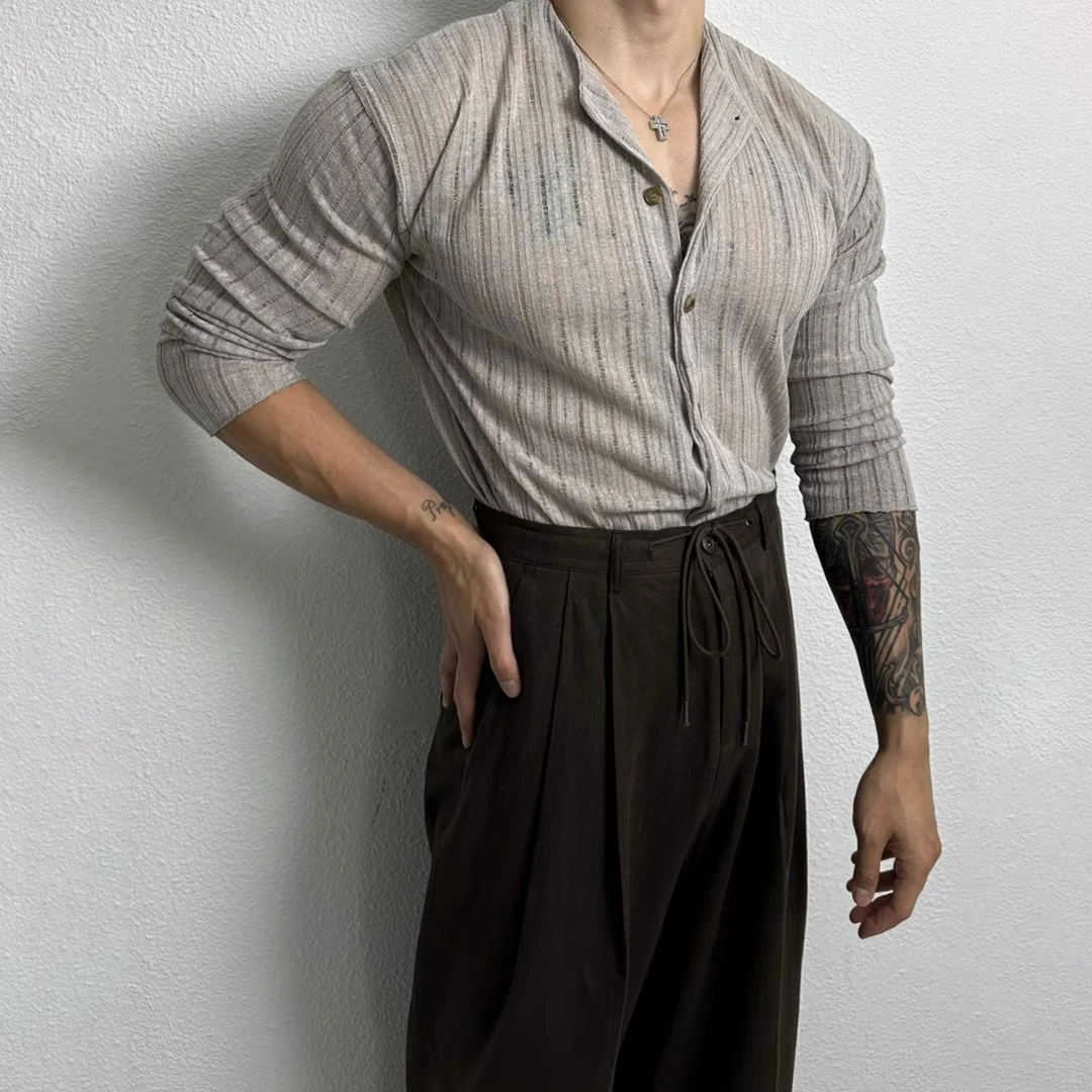 美式潮牌长袖T恤男士重磅高级感时尚痞帅慵懒风镂空针织开衫上衣