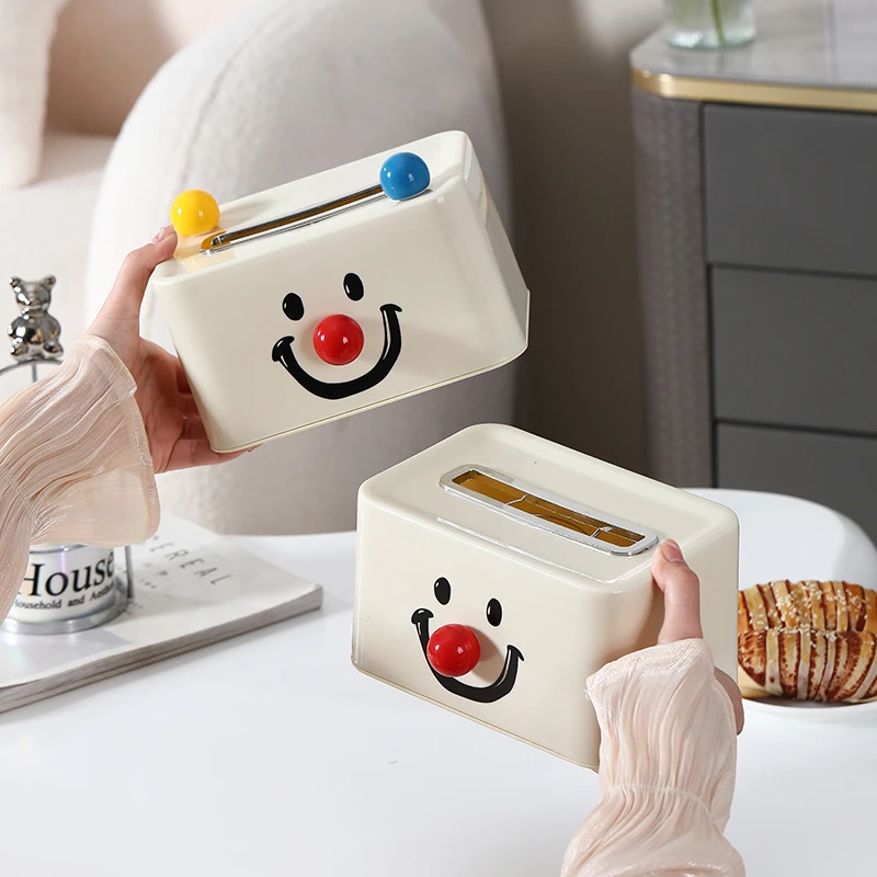 奶油风笑脸纸巾盒多巴胺卡通方形桌面弹簧抽纸盒客厅餐巾纸收纳盒