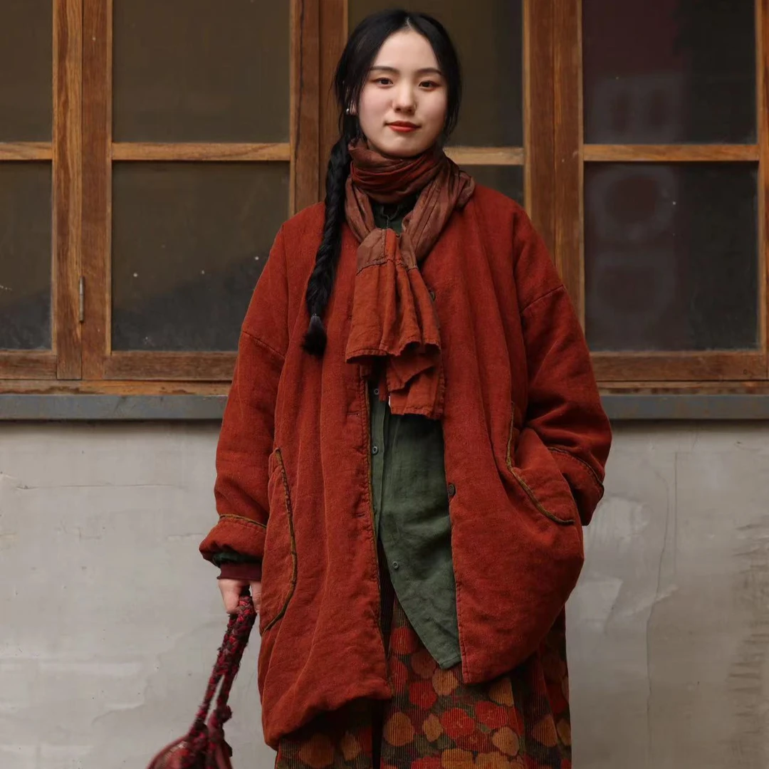 衣路38270秋冬加厚夹棉中长圆领宽松棉衣