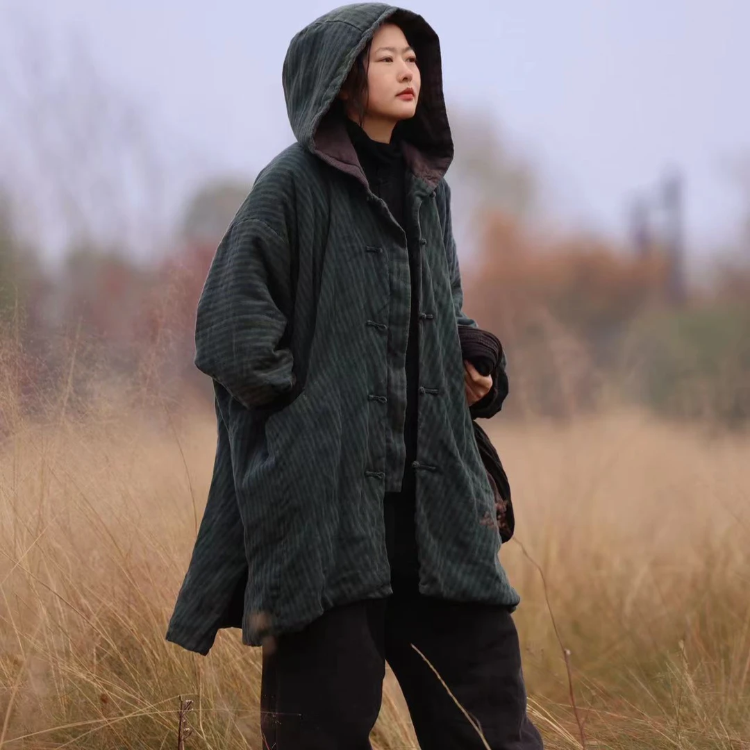 衣路38315条纹加厚蝙蝠袖盘扣中长棉衣