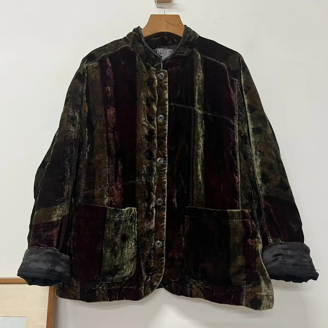 荼35819桑蚕丝加厚加绒拼接复古原创棉袄