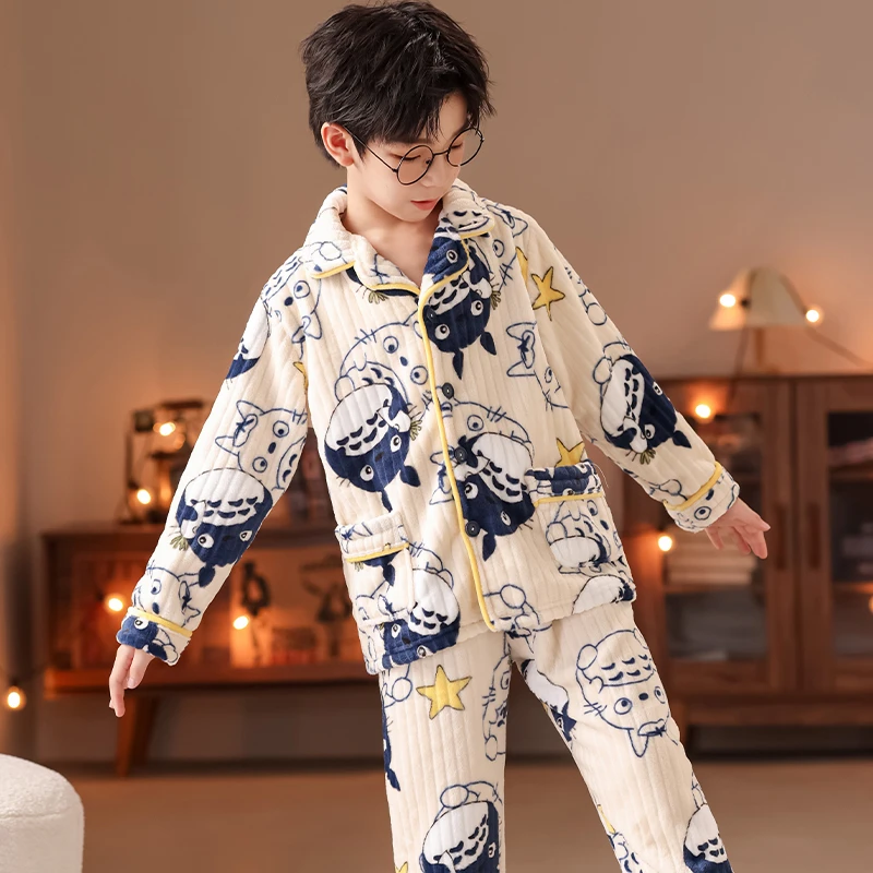 秋冬法兰绒睡衣儿童新款男女孩子家居中大童宝宝服珊瑚绒大人套装