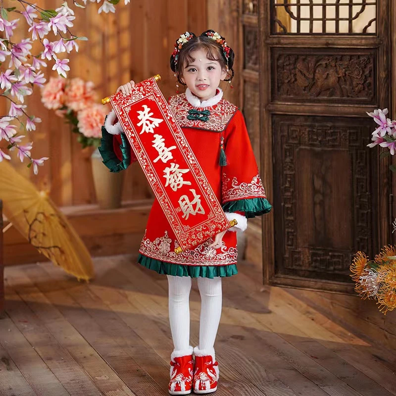 秋冬新款加厚加绒连衣裙新中式女童汉服唐装拜年服中国风童装旗袍