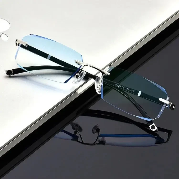 防蓝光抗辐射男款潮时尚商务无框钻石切边高清护目老花眼镜男