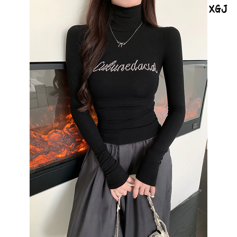 法式修身珍珠修身秋冬高领长袖T恤上衣内搭打底衫