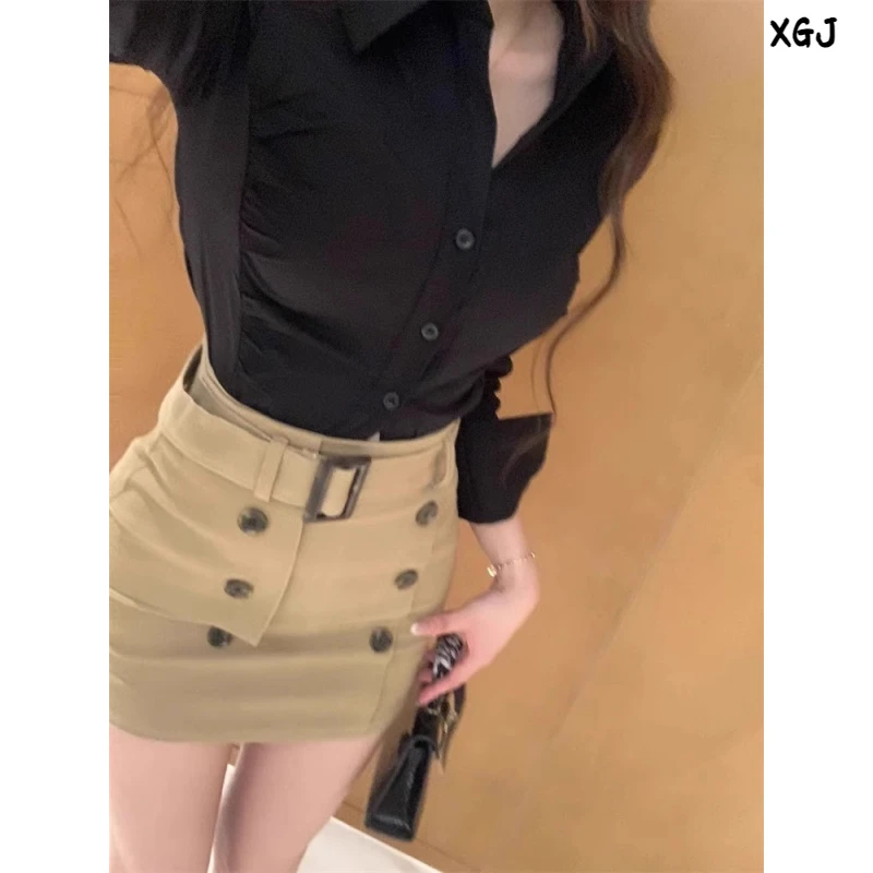 设计感小众收腰褶皱长袖衬衫女春秋新款辣妹性感修身显瘦开衫上衣