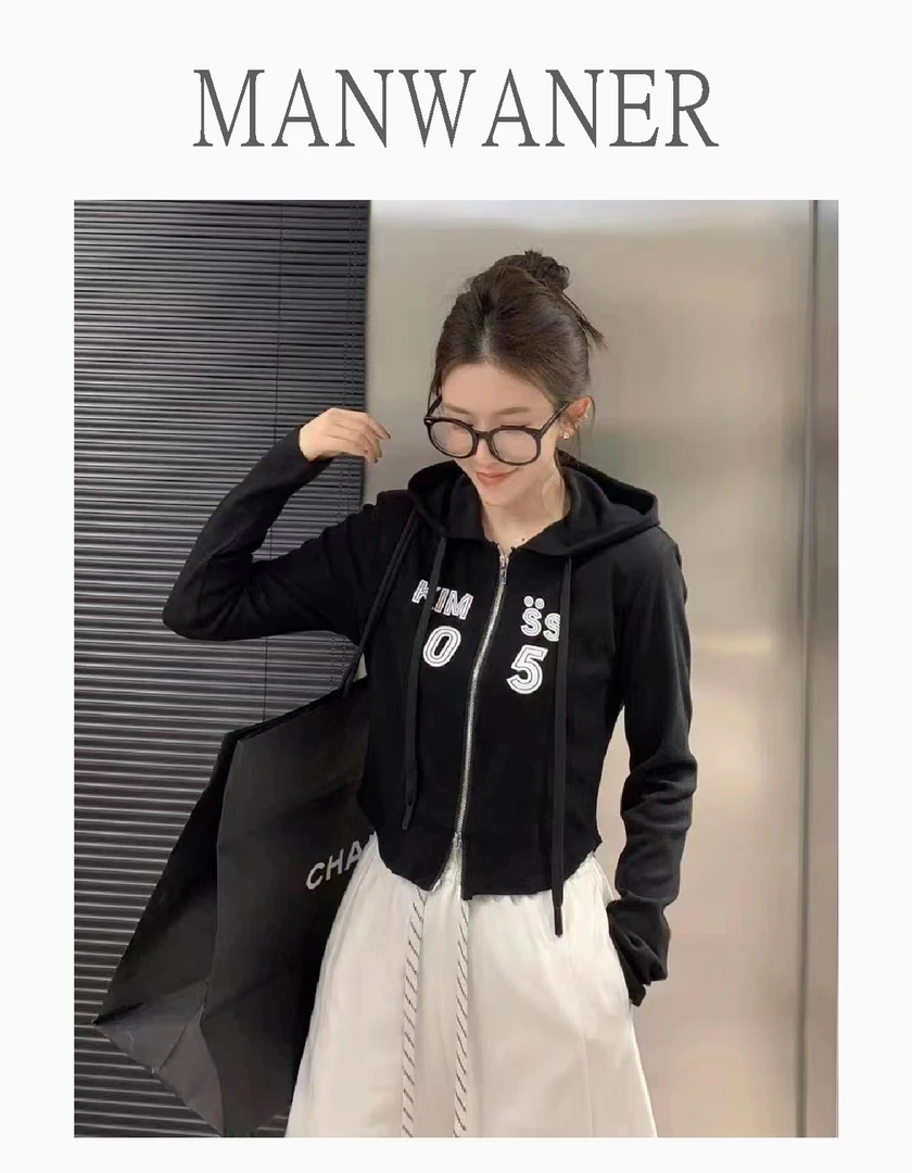 【MANWANER】韩国东大门修身短款百搭显瘦字母双拉链连帽长袖T恤女