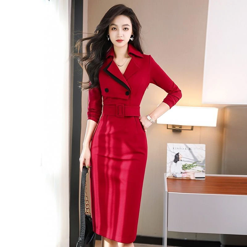 红色连衣裙女腰带时尚气质喜妈妈宴装礼服裙平时可穿2024秋冬新款