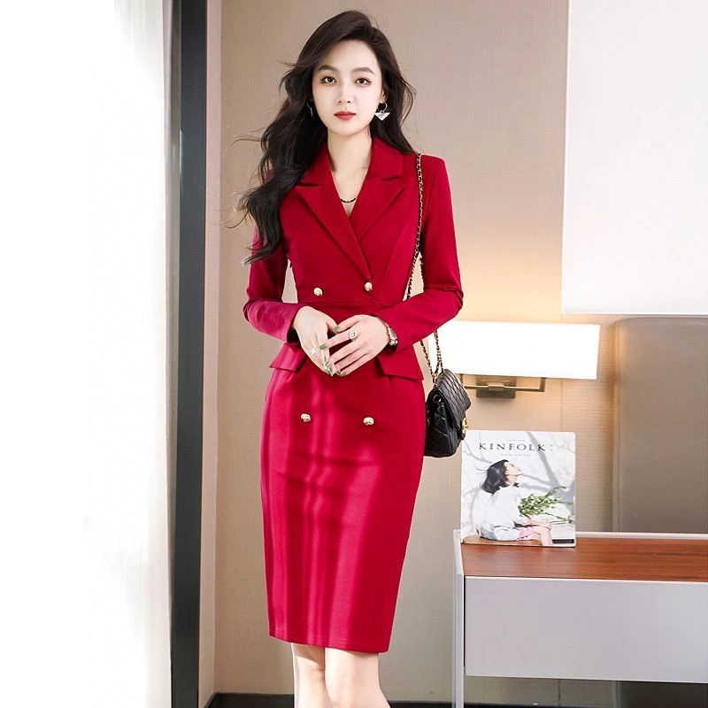 红色西装领连衣裙女修身显瘦气质高级感通勤ol宴会礼服早秋装新款