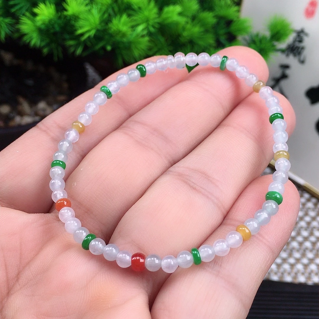 圆珠子手串缅甸天然A货翡翠冰润多彩手