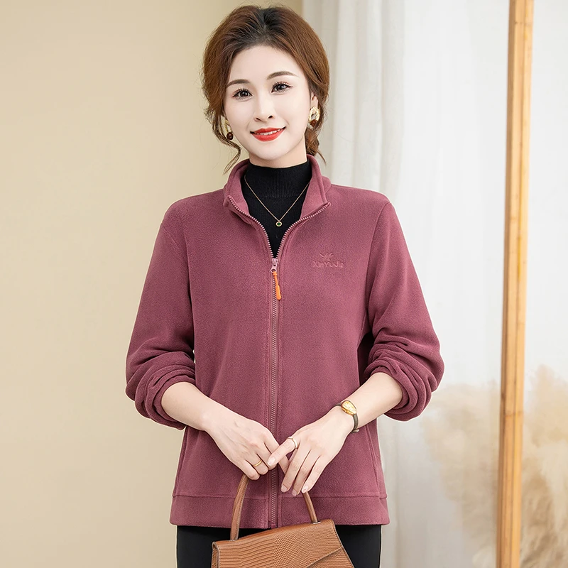 外套女秋冬休闲中年妈妈装抓绒衣服立领摇粒绒拉链加厚中老年上衣