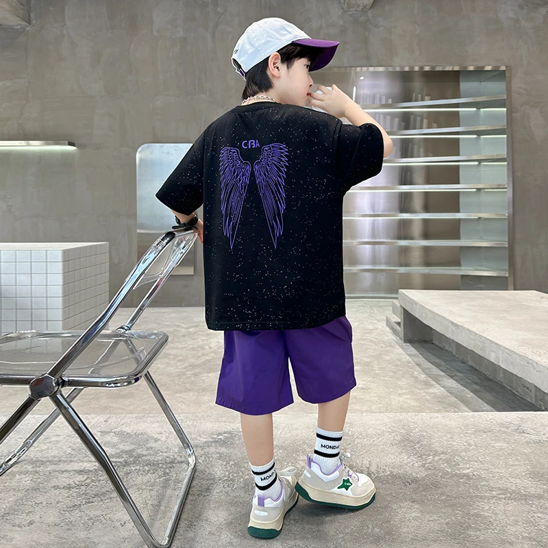男童夏装2024 新款套装潮翅膀印花儿童短袖t恤两件套男孩夏季童装