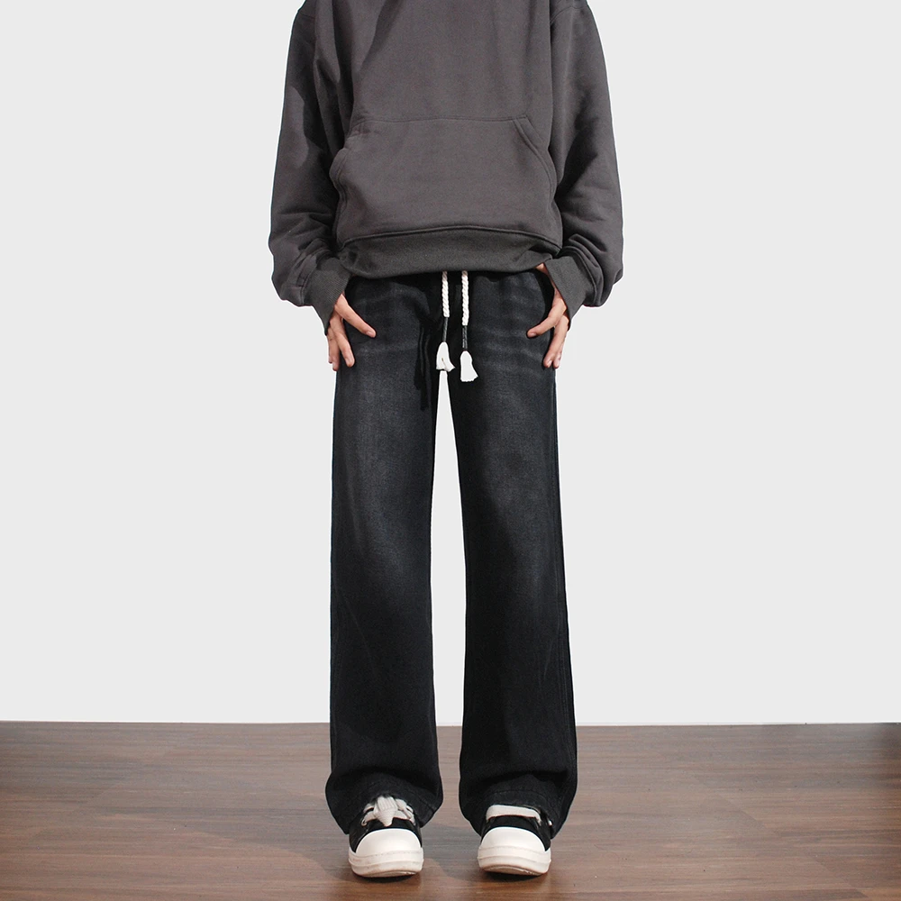 冬季加绒加厚牛仔裤男宽松直筒美式美式潮流长裤抽绳腰带复古裤子