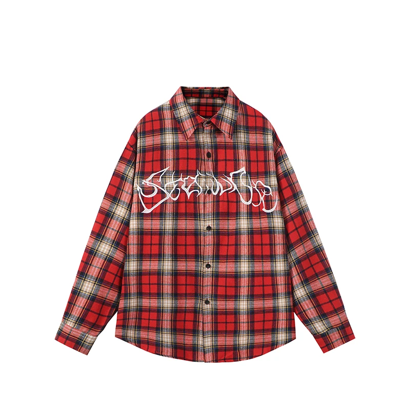 美式复古字母刺绣红色格子衬衫男女长袖潮流宽松情侣衬衣翻领外套