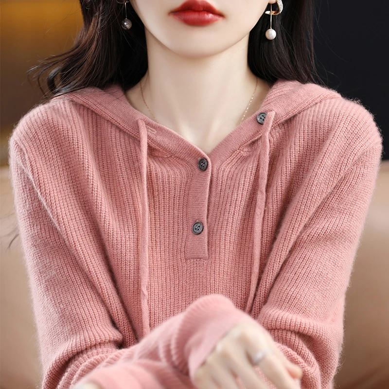 连帽针织衫女秋冬洋气内搭白色套头毛衣2023新款宽松打底卫衣帽衫