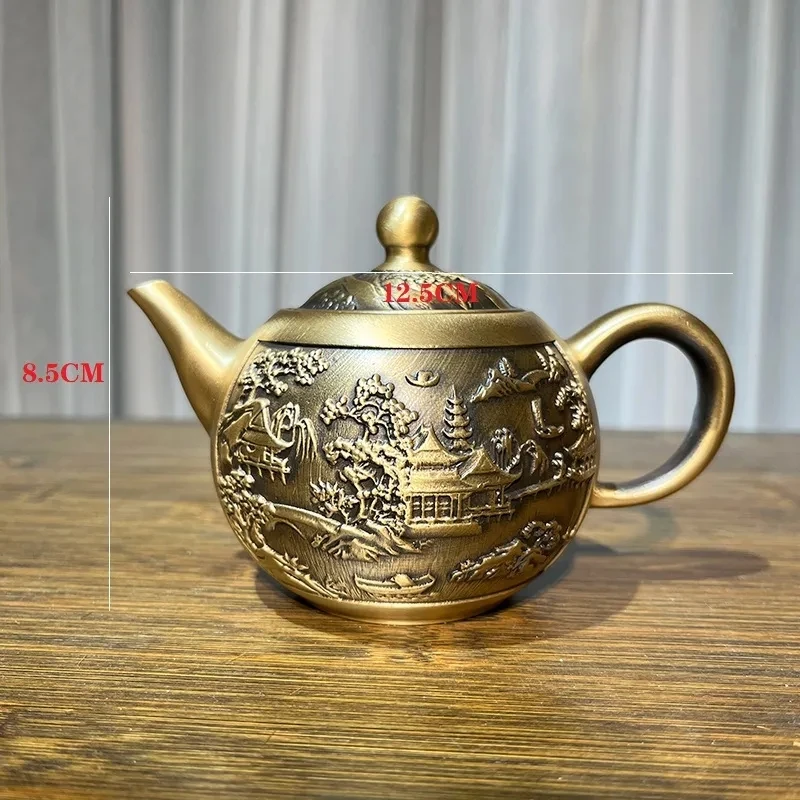 黄铜山水茶壶高档复古创意工艺品摆件礼品怀旧雕刻精致