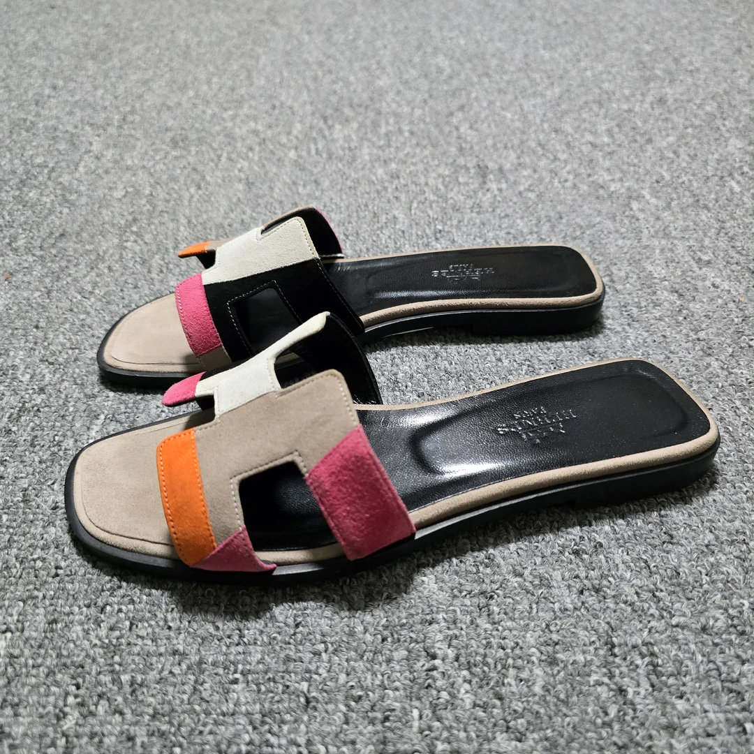 98新/36码/爱马仕/Hermes/经典彩色麂皮拼接H拖/BF00328