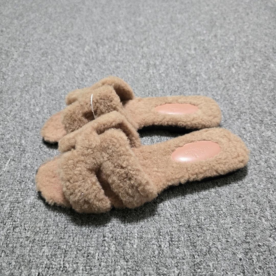 98新/36.5码/爱马仕/Hermes/棕色泰迪绒H拖/BF00500