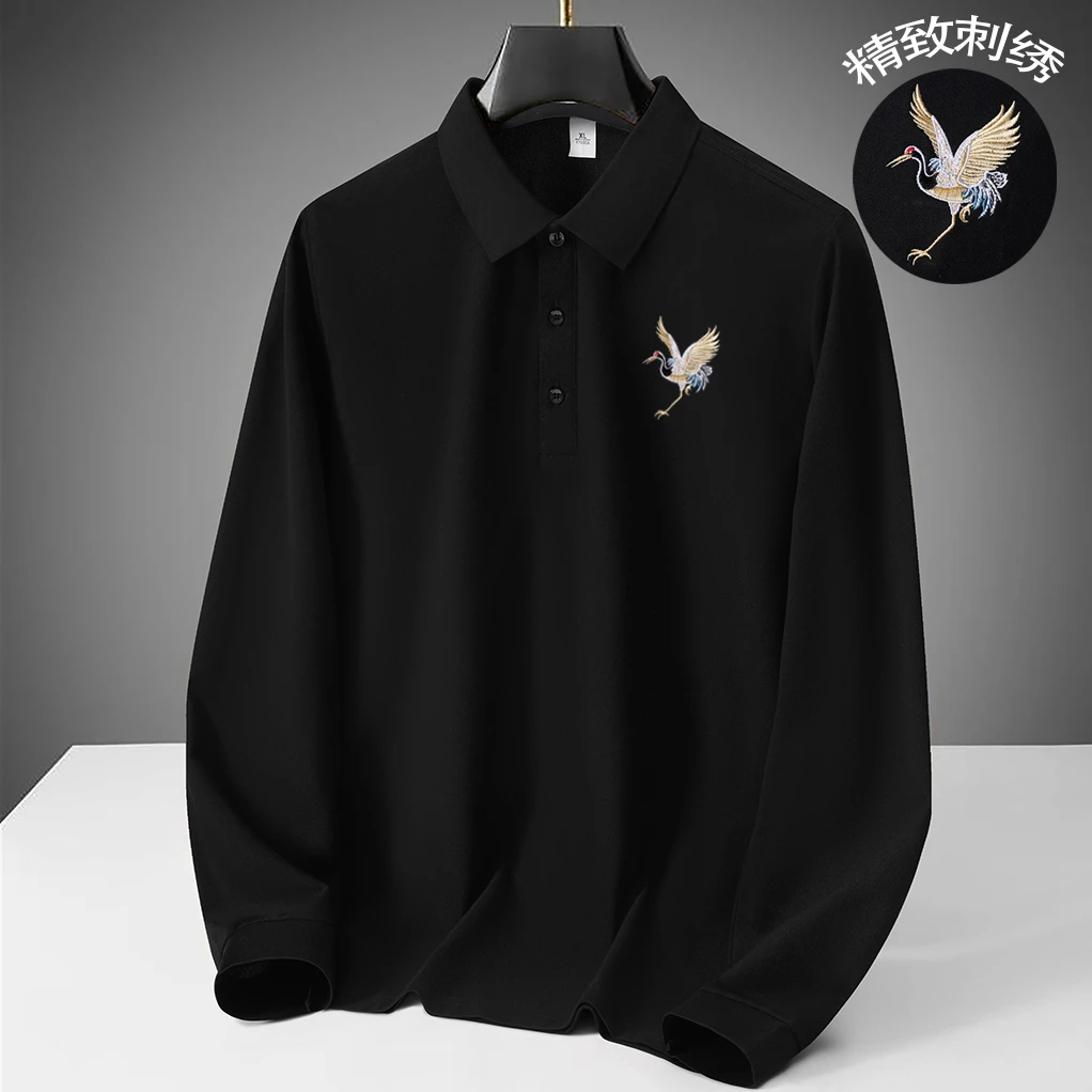 刺绣仙鹤长袖POLO衫休闲商务修身翻领百搭国潮复古男士秋冬上衣